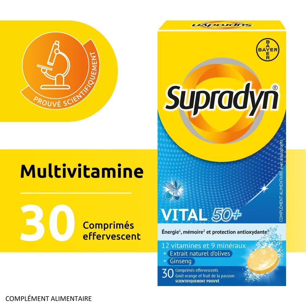 Boîte jaune "Supradyn Vital 50+". Contient 30 comprimés effervescents.
