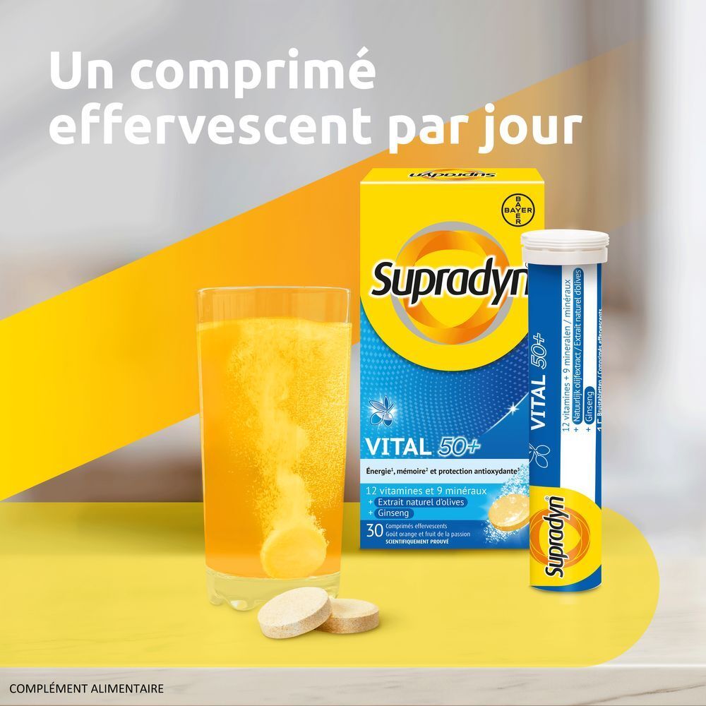 Boîte jaune "Supradyn Vital 50+". Contient 30 comprimés effervescents.