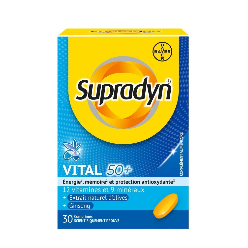 Boîte jaune avec inscription: Supradyn vital 50+. Contient 30 comprimés.