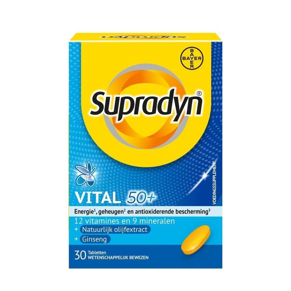 Gele doos met opschrift: Supradyn vital 50+. Bevat 30 tabletten.