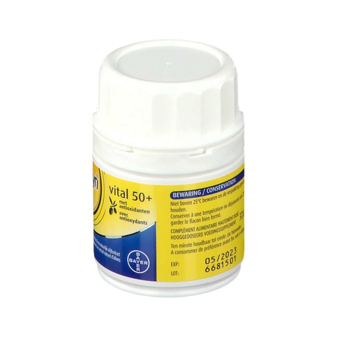 Witte fles met geel etiket. Opschrift: Supradyn vital 50+. Bevat 30 tabletten. Bewaring.