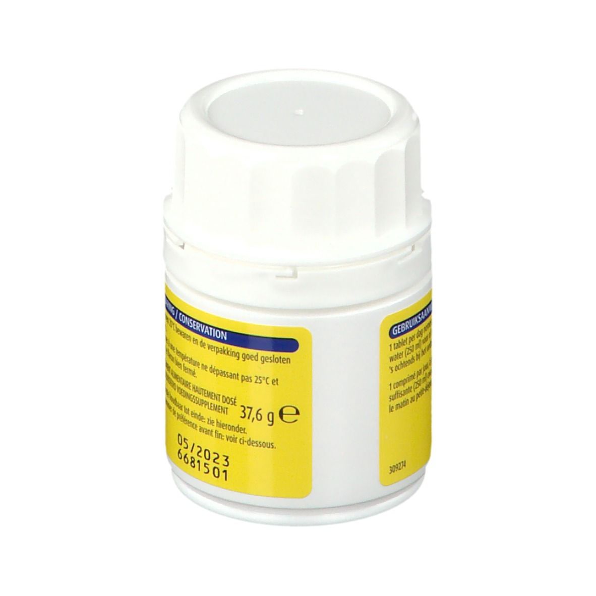 Witte fles met geel etiket. Opschrift: Supradyn vital 50+. Bevat 30 tabletten. Gebruiksaanwijzing.