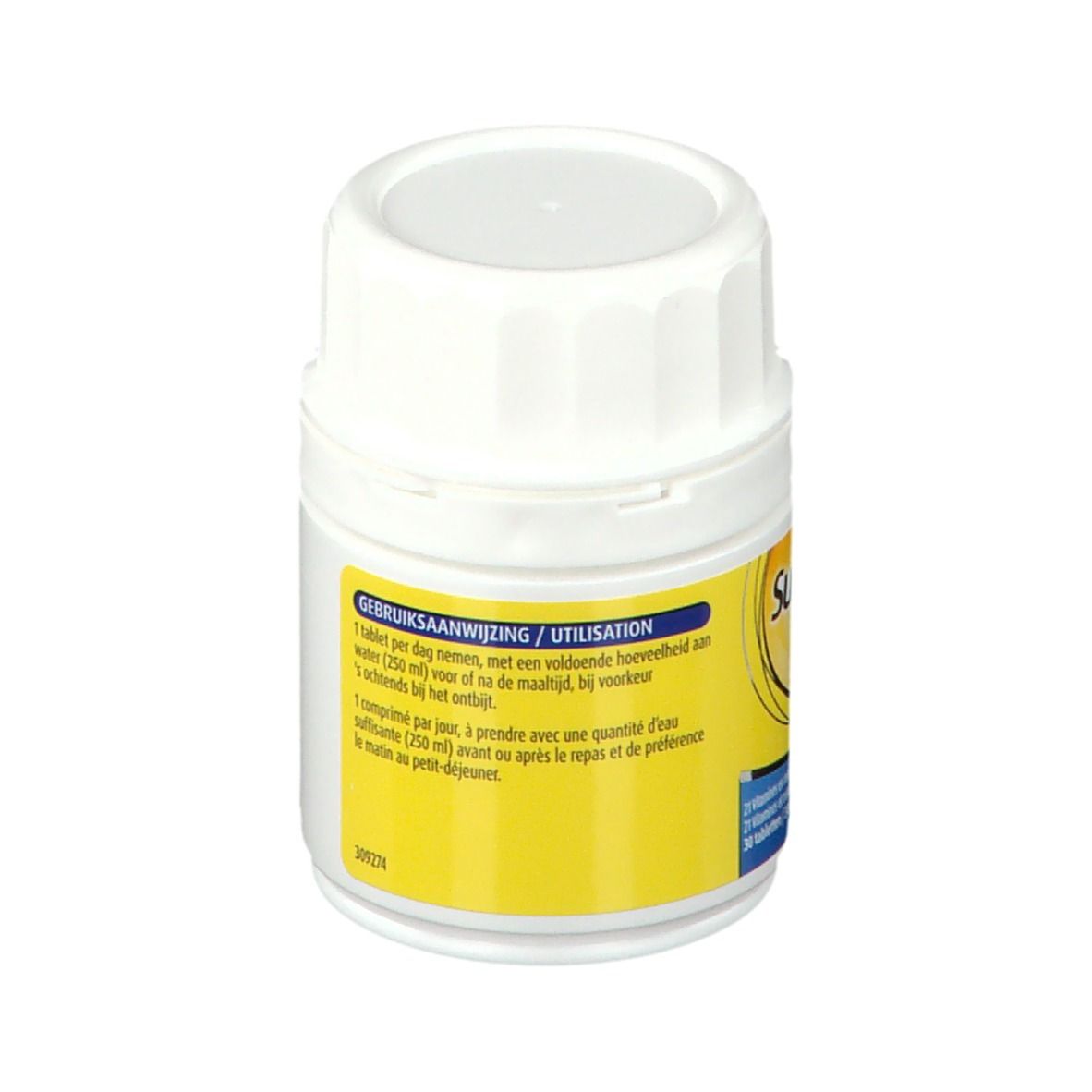 Witte fles met geel etiket. Opschrift: Supradyn vital 50+. Bevat 30 tabletten. Gebruiksaanwijzing.