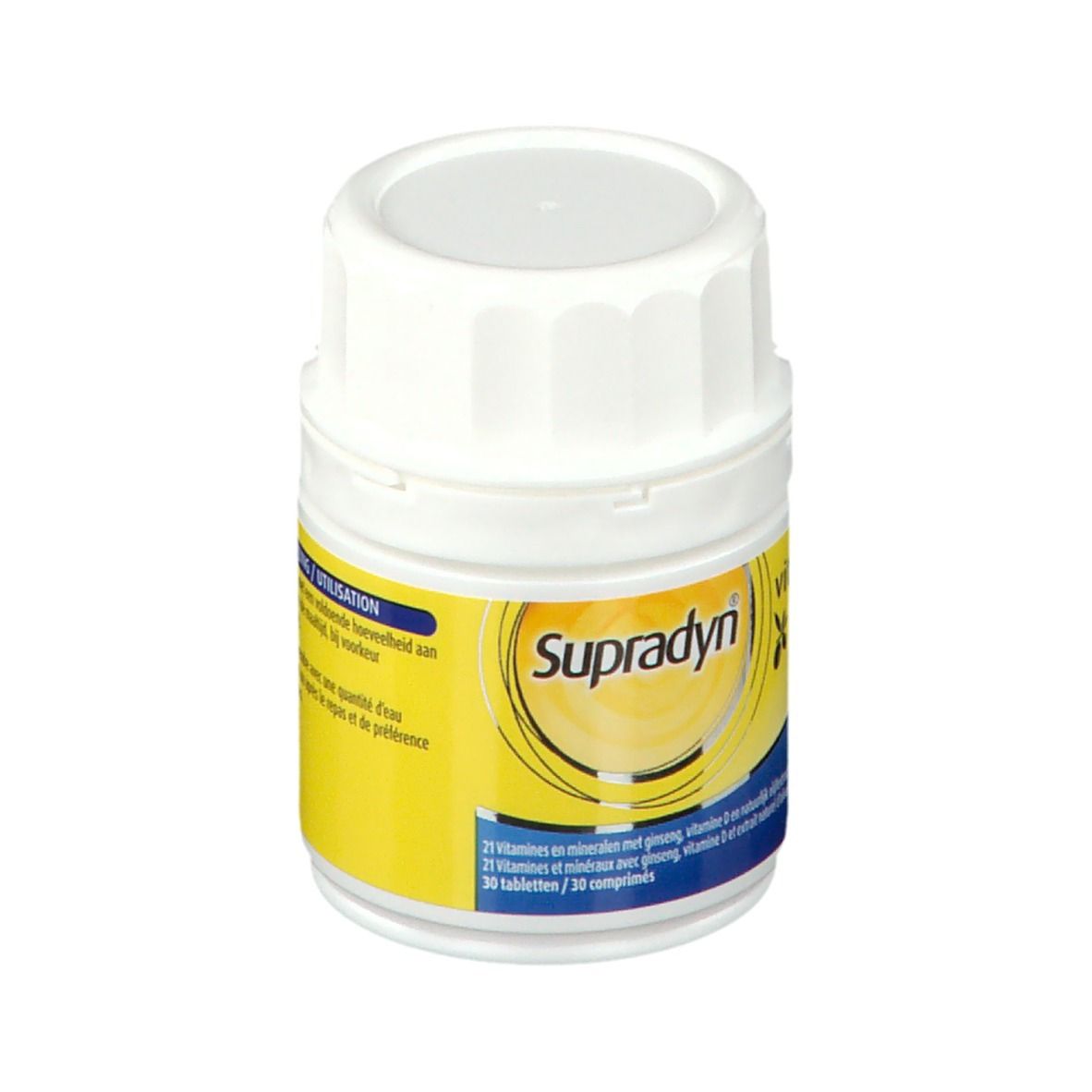 Witte fles met geel etiket. Opschrift: Supradyn vital 50+. Bevat 30 tabletten.