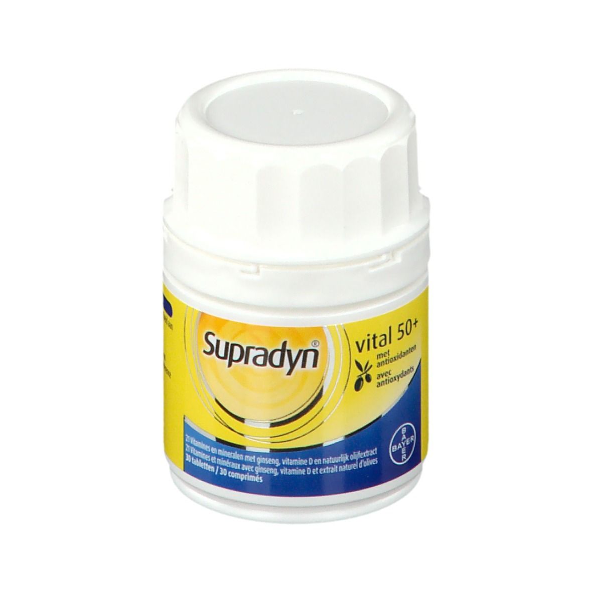 Witte fles met geel etiket. Opschrift: Supradyn vital 50+. Bevat 30 tabletten.