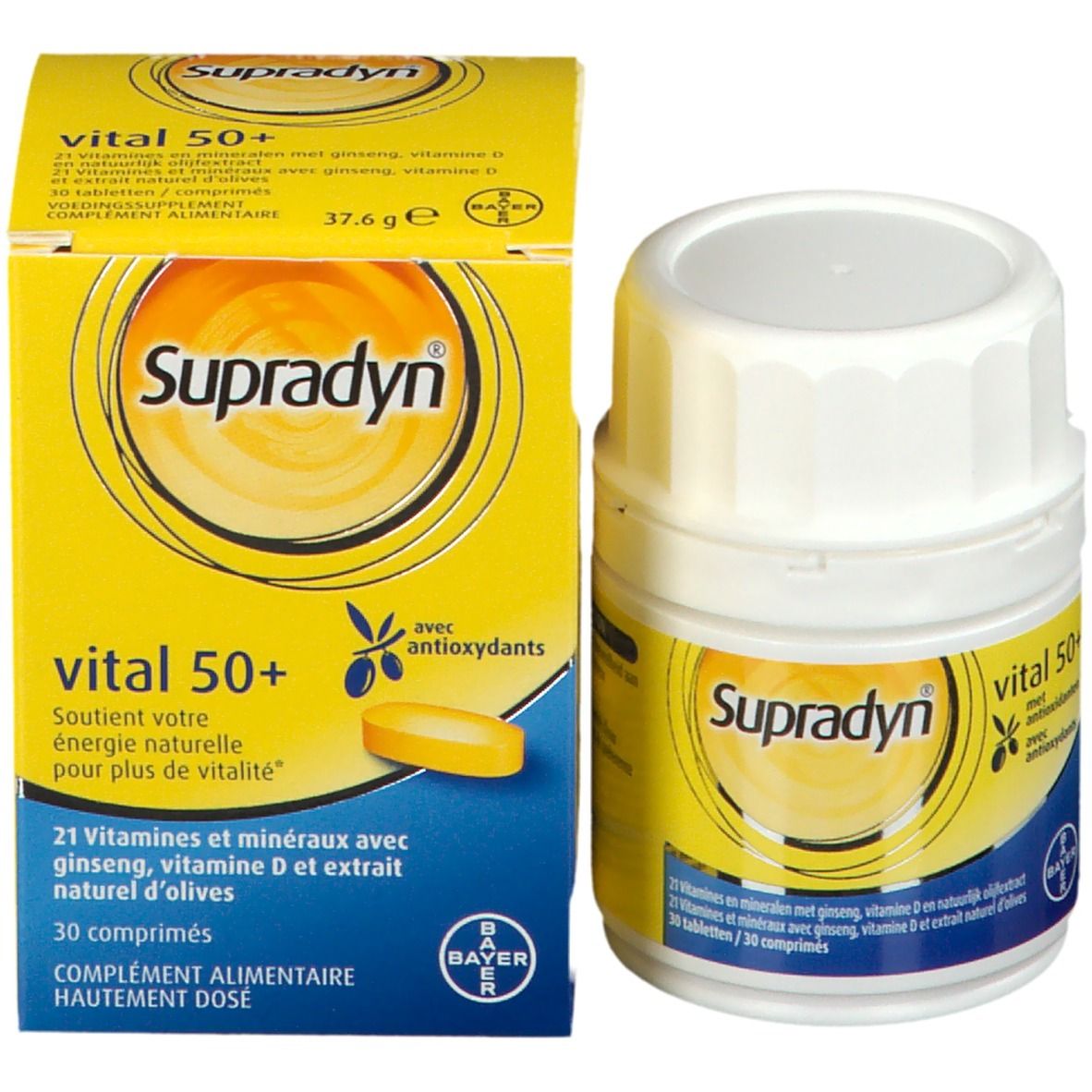 Verpakking met gele doos en witte fles. Opschrift: Supradyn vital 50+. Bevat 30 tabletten.