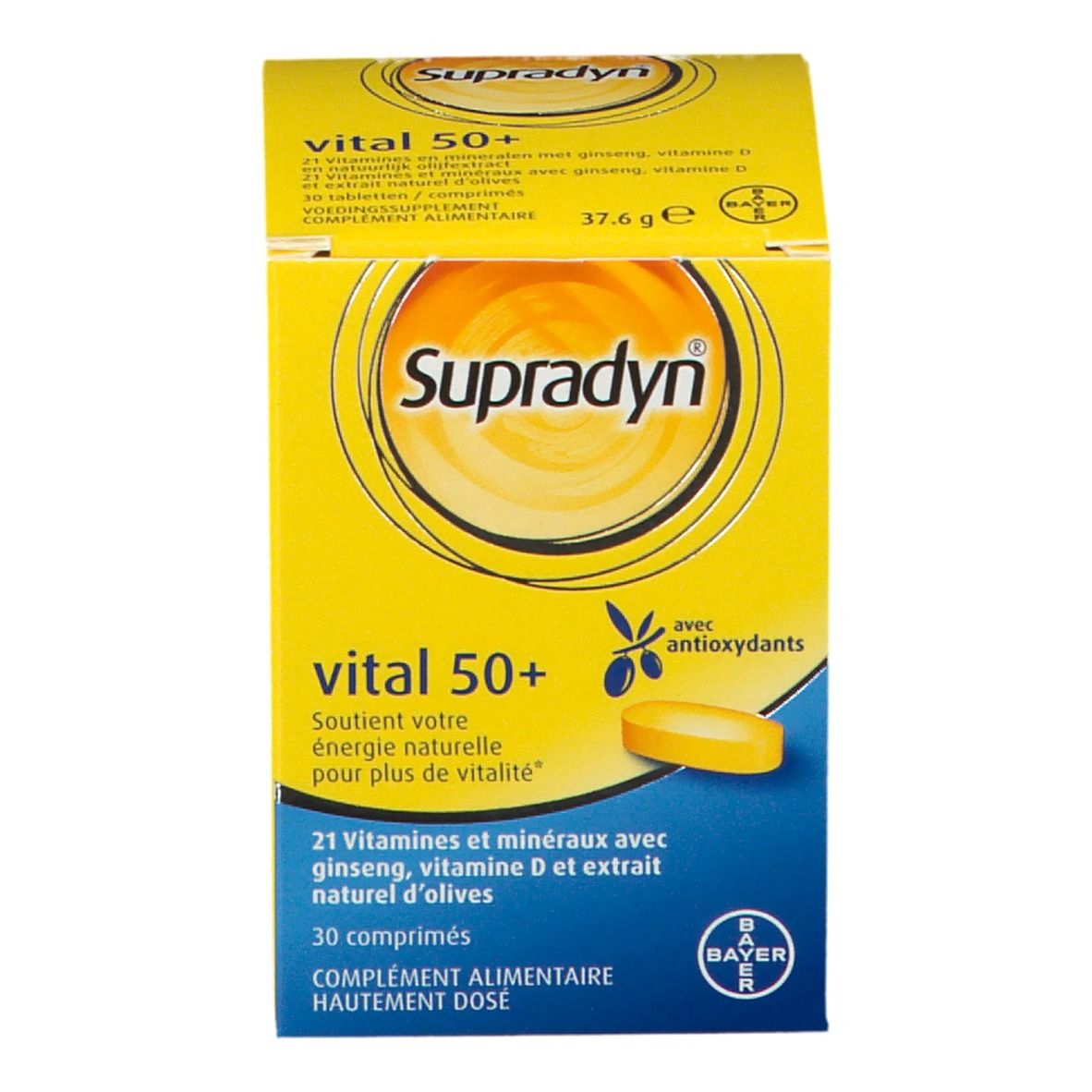 Gele doos met opschrift: Supradyn vital 50+. Bevat 30 tabletten.