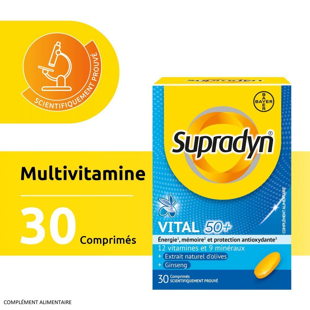 Boîte jaune avec inscription: Supradyn vital 50+. Contient 30 comprimés.