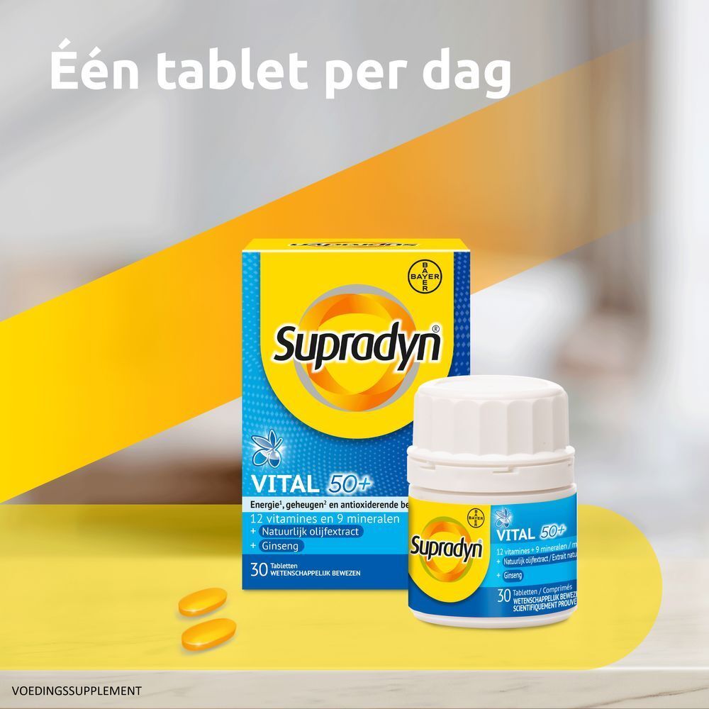 Gele doos met opschrift: Supradyn vital 50+. Bevat 30 tabletten.