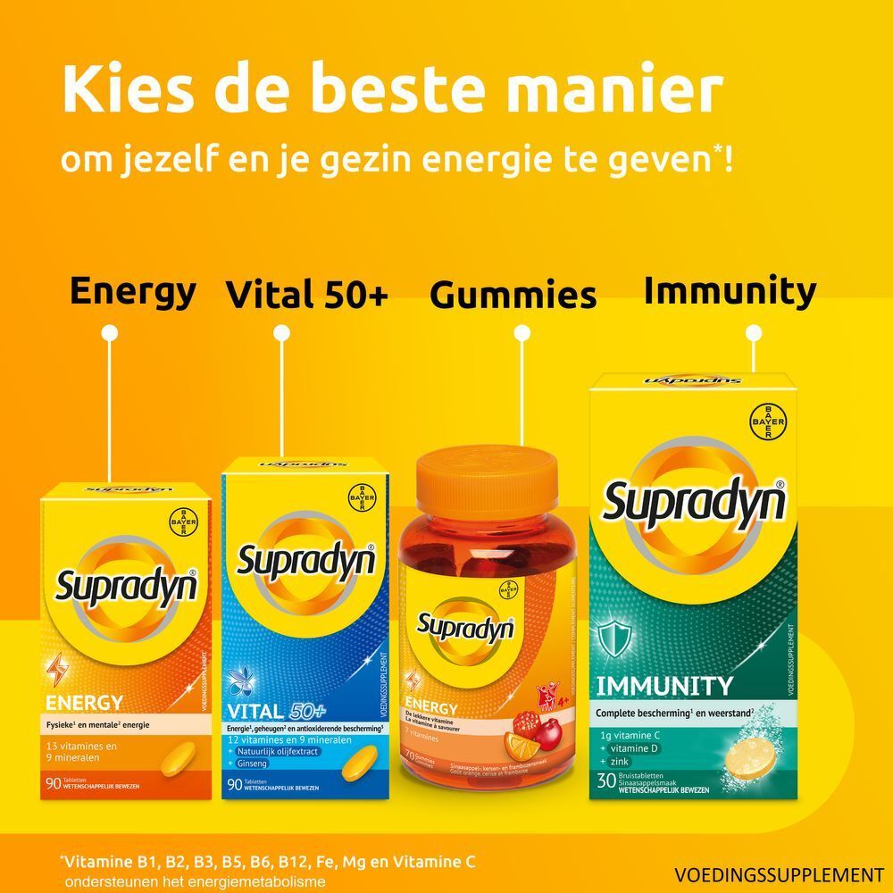 Gele doos met opschrift: Supradyn vital 50+. Bevat 30 tabletten.