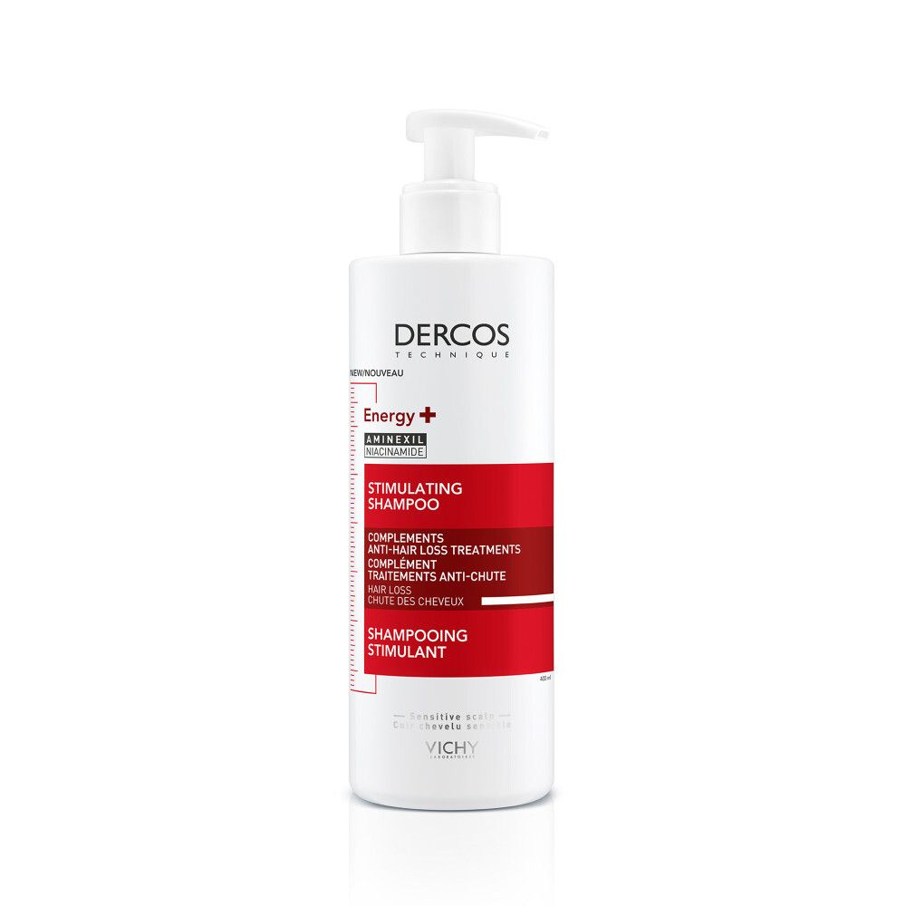 Achterkant van de fles. Tekst: Dercos, Energy+, Stimulating Shampoo. Ingrediënten, gebruiksaanwijzing.