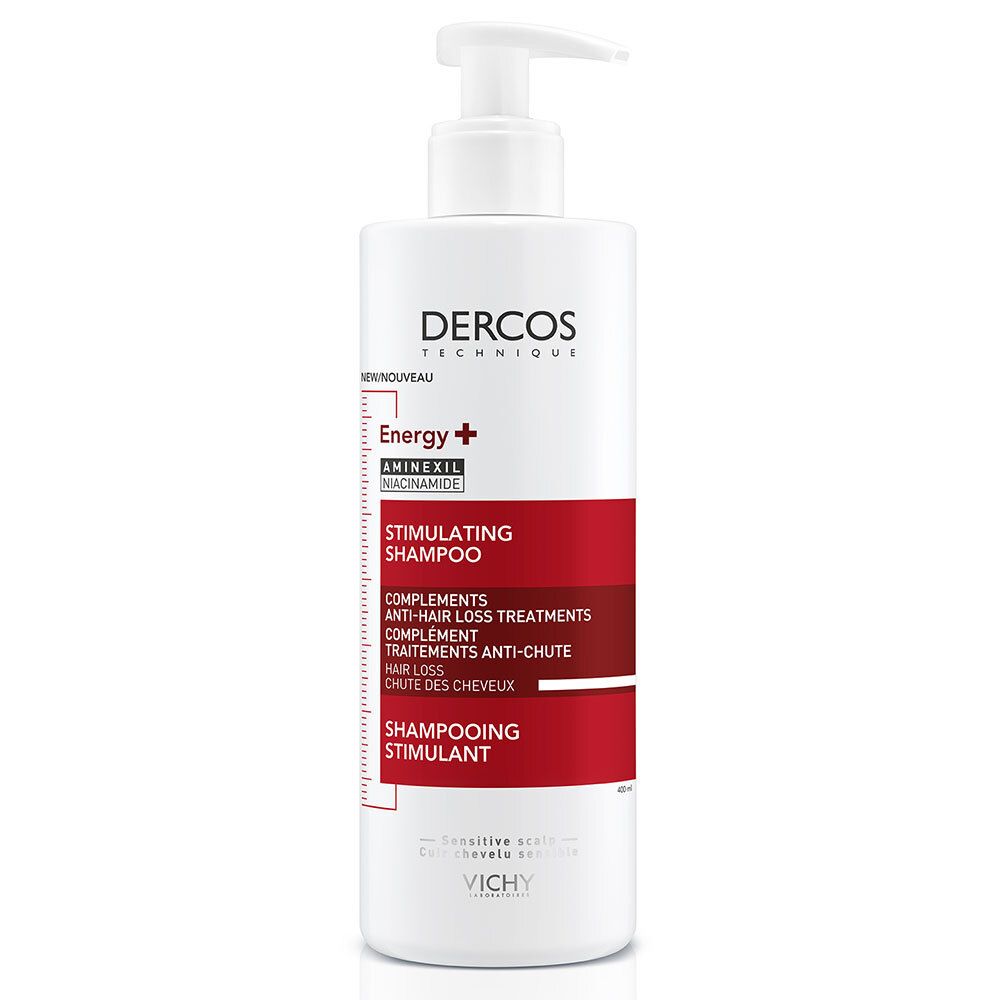 Witte fles met rood etiket. Tekst: Dercos, Energy+, Stimulating Shampoo. Met pomp.