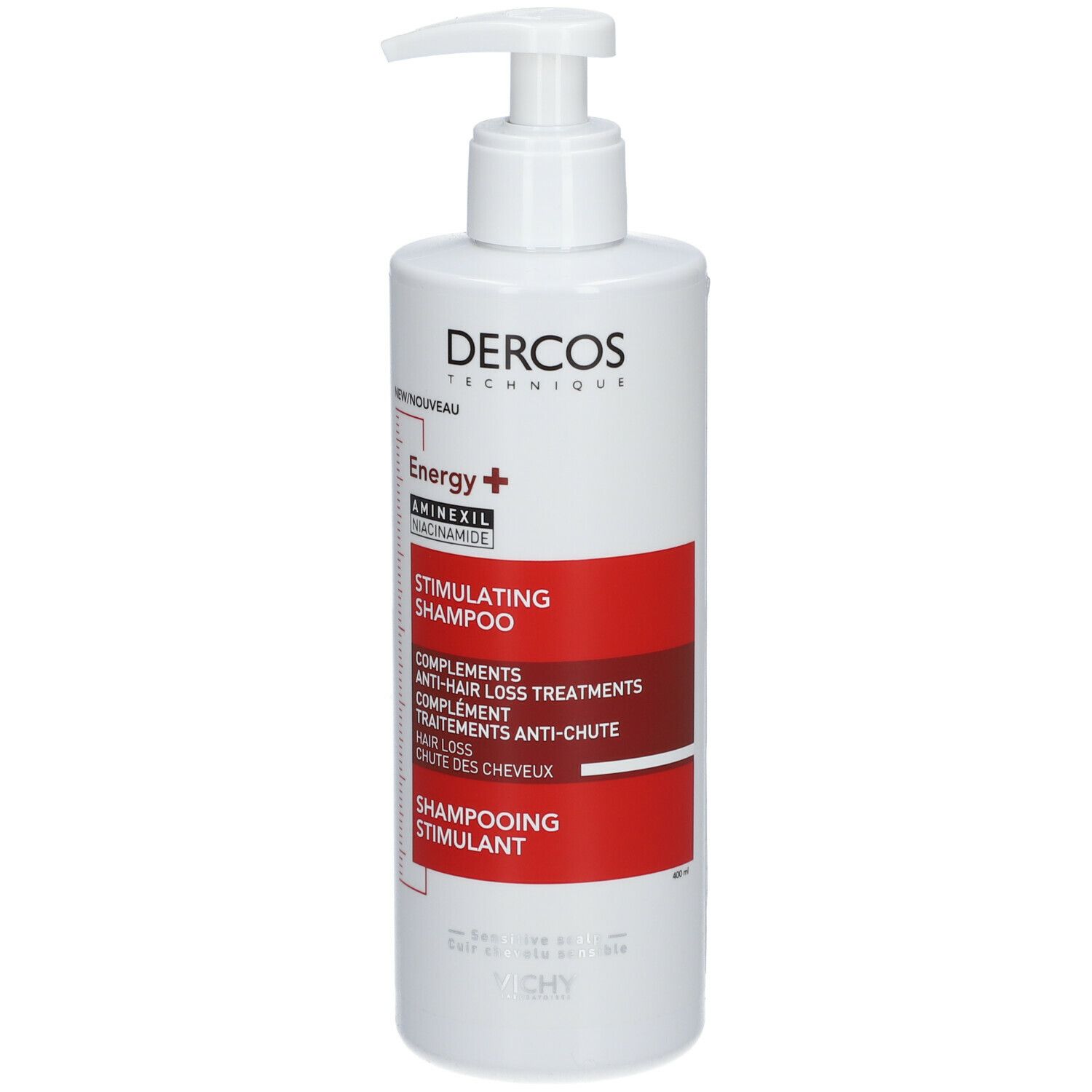 Witte fles met rood etiket. Tekst: Dercos, Energy+, Stimulating Shampoo. Met pomp.