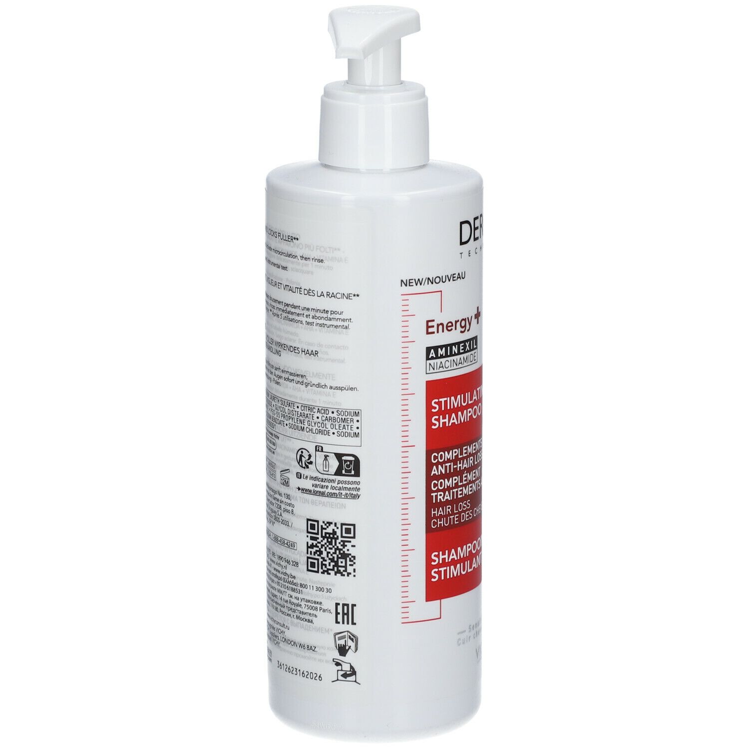 Achterkant van de fles. Tekst: Dercos, Energy+, Stimulating Shampoo. Ingrediënten, gebruiksaanwijzing.