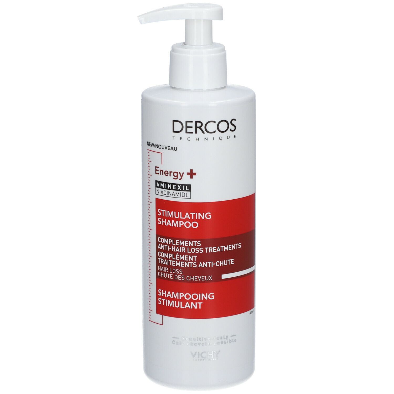 Witte fles met rood etiket. Tekst: Dercos, Energy+, Stimulating Shampoo. Met pomp.