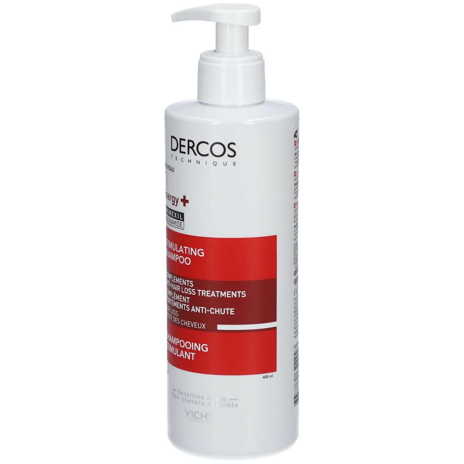 Witte fles met rood etiket. Tekst: Dercos, Energy+, Stimulating Shampoo. Met pomp.