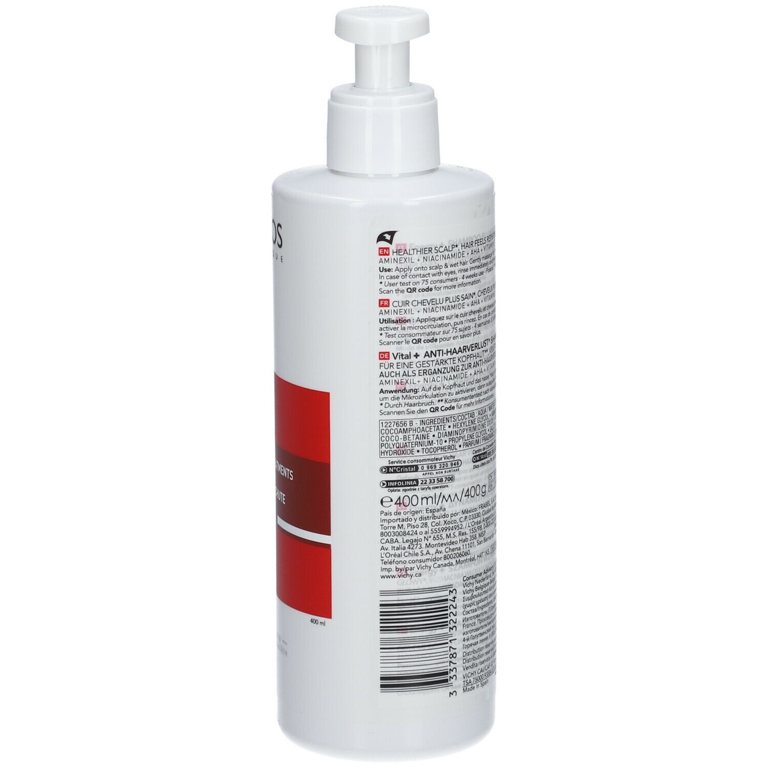 Achterkant van de fles. Tekst: Dercos, Energy+, Stimulating Shampoo. Ingrediënten, gebruiksaanwijzing.
