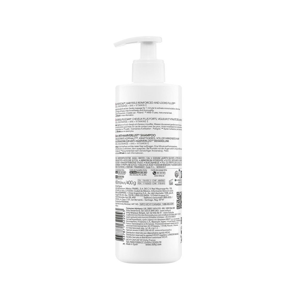 Dos du flacon. Texte: Dercos, Energy+, Stimulating Shampoo. Ingrédients, mode d'emploi.