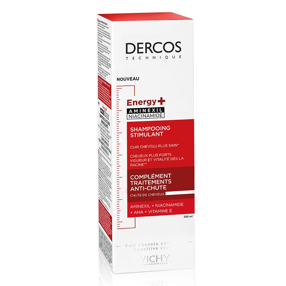 Verpakking met rood etiket. Tekst: Dercos, Energy+, Stimulating Shampoo. 200 ml.