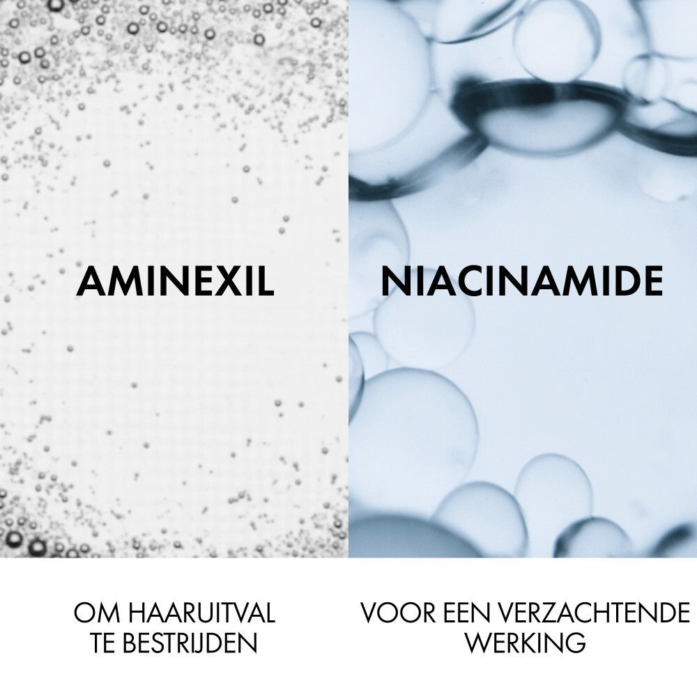 Rood etiket met tekst: Stimulating Shampoo, aanvullend op haaruitvalbehandelingen.