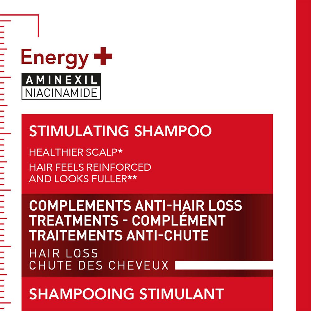 Rood etiket met tekst: Stimulating Shampoo, aanvullend op haaruitvalbehandelingen.
