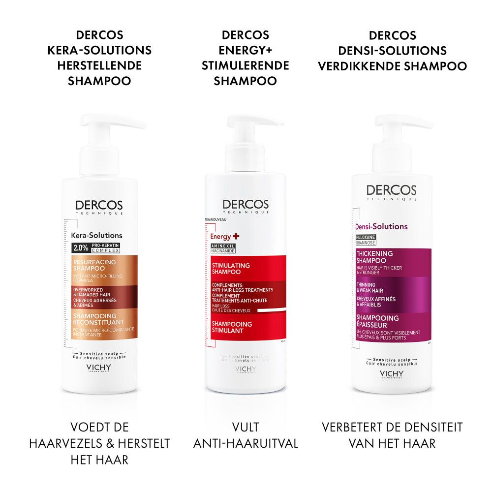 Witte fles met rood etiket. Tekst: Dercos, Energy+, Stimulating Shampoo. Met pomp.