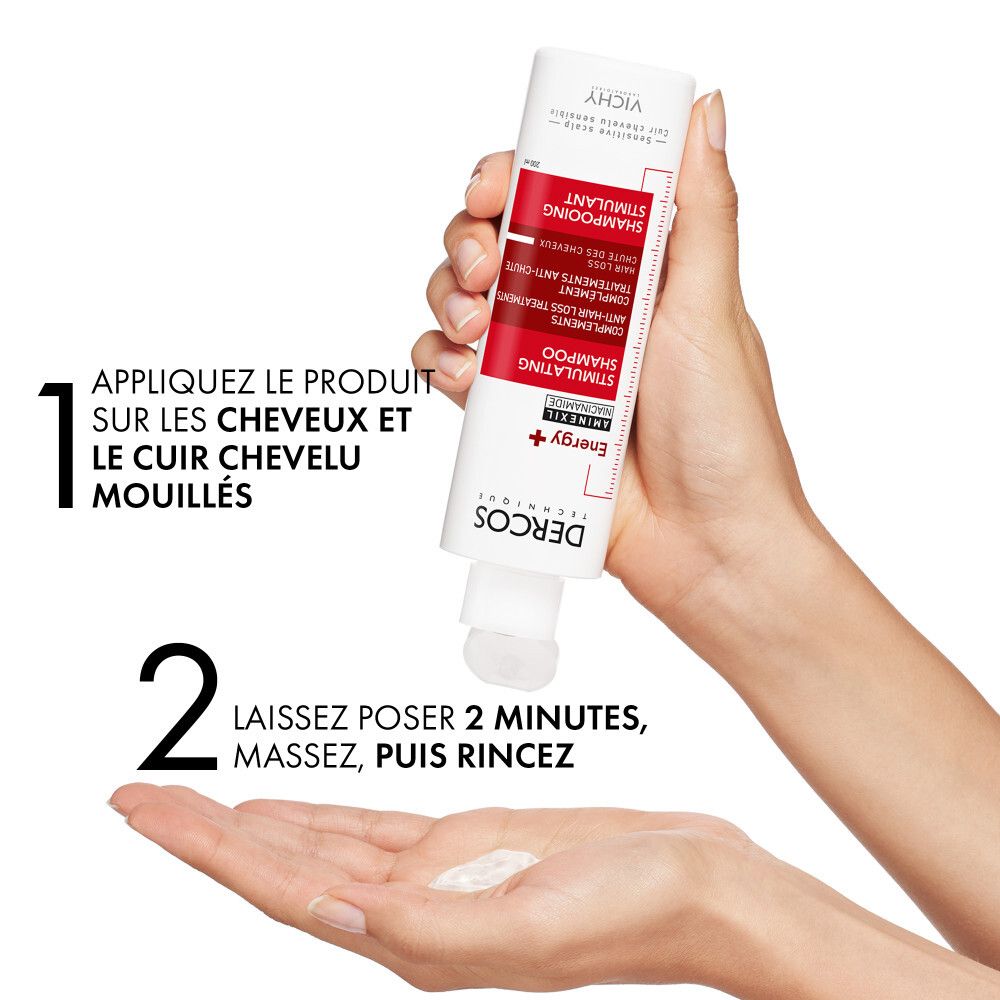 Deux images. Texte: Aminexil, réduit la chute de cheveux. Niacinamide, apaise le cuir chevelu.
