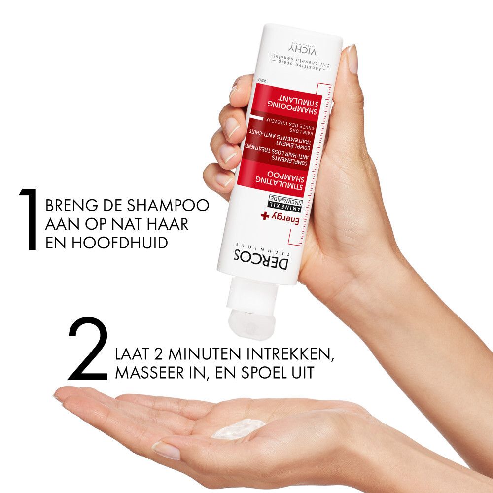 Achterkant van de fles. Tekst: Dercos, Energy+, Stimulating Shampoo. Ingrediënten, gebruiksaanwijzing.