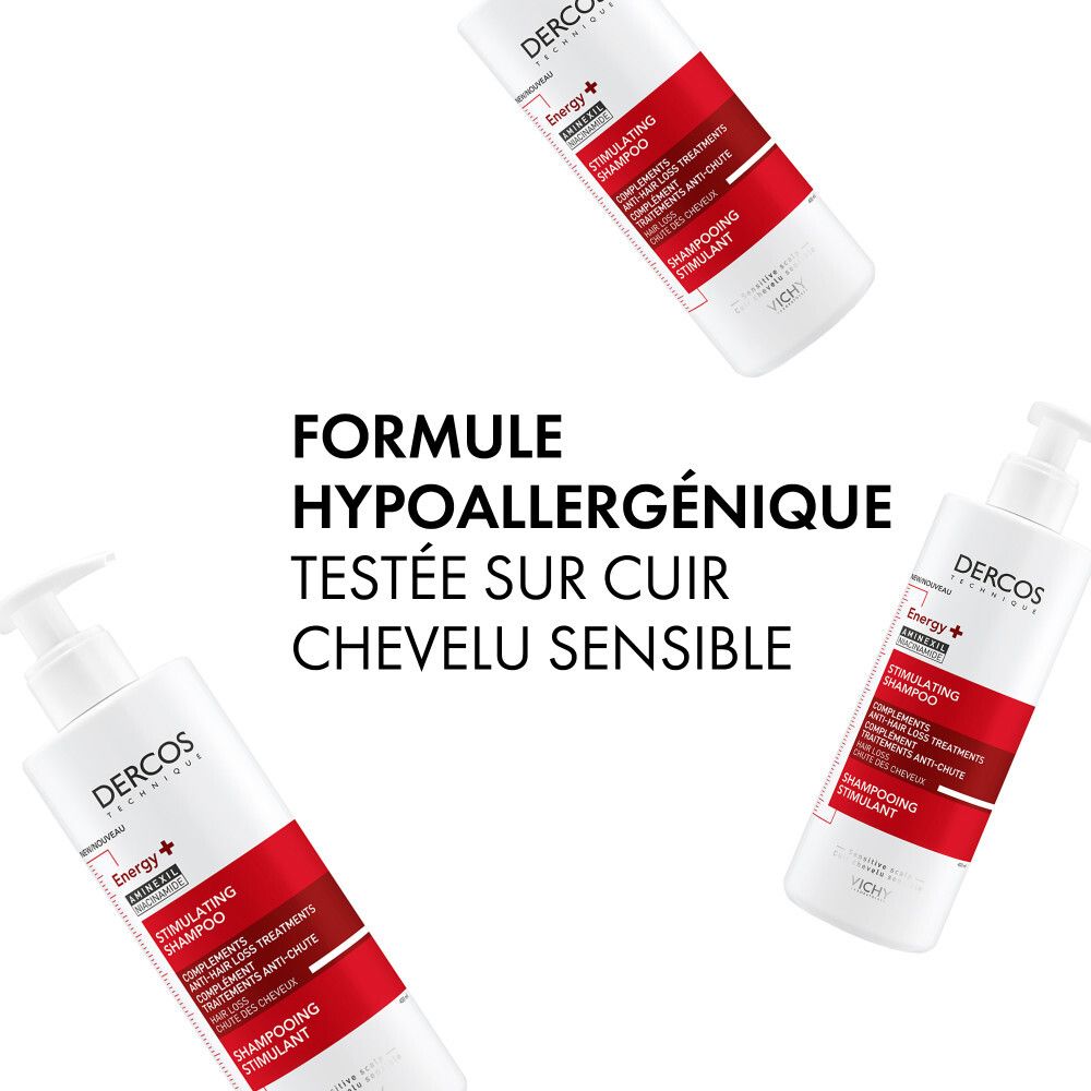 Flacon blanc, étiquette rouge. Texte: Dercos, Energy+, Stimulating Shampoo. Avec pompe.