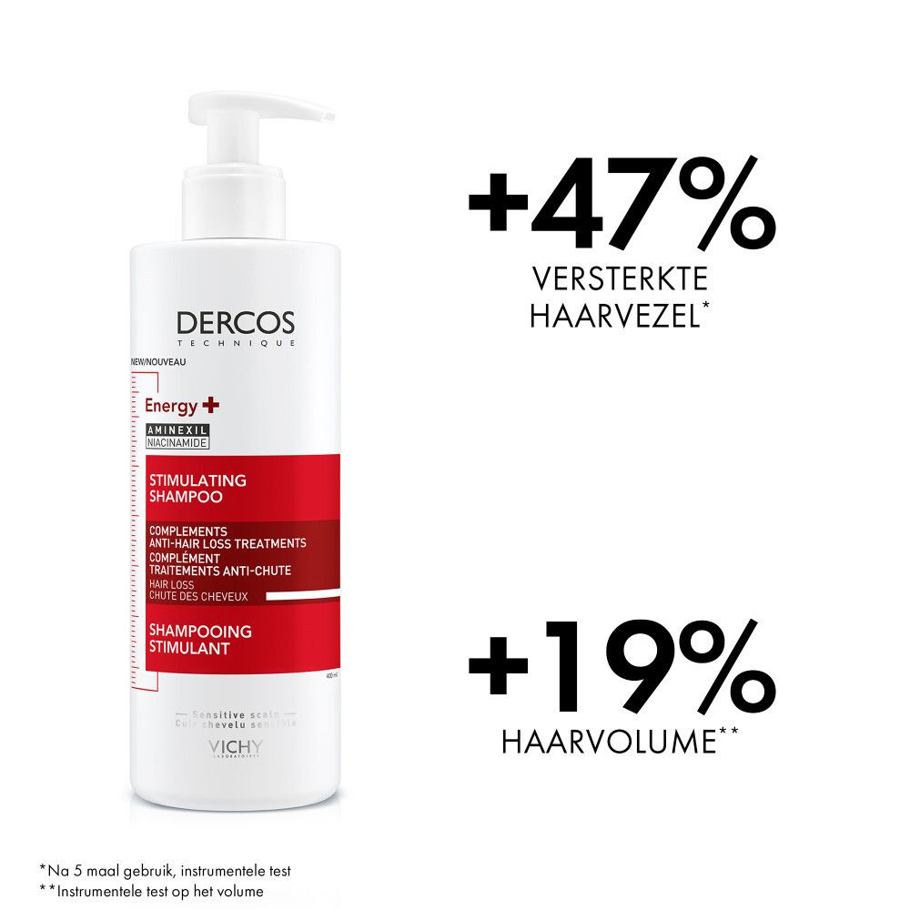 Witte fles met rood etiket. Tekst: Dercos, Energy+, Stimulating Shampoo. Met pomp.