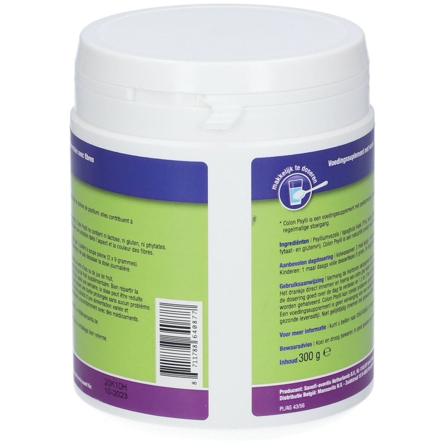 Dos du pot blanc. Informations textuelles sur le produit et ses ingrédients.