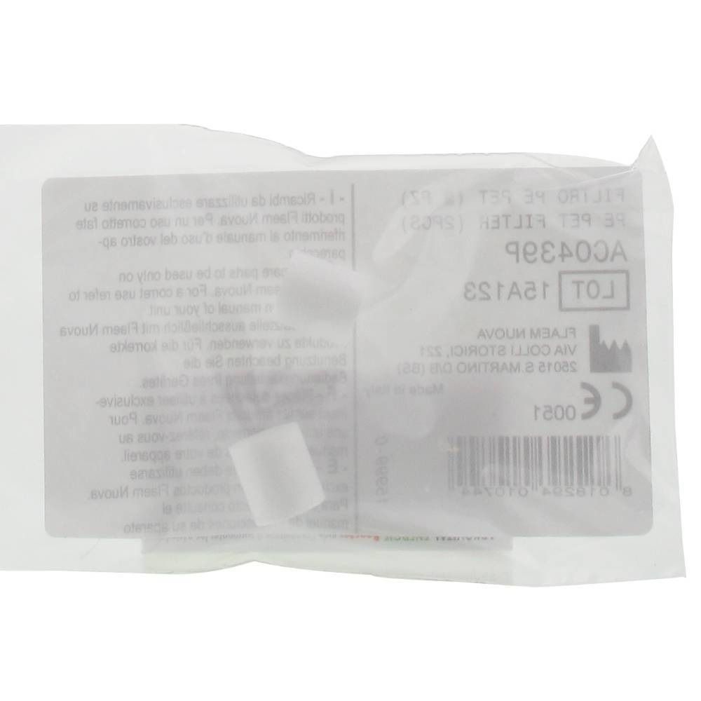 Filtre PE PET (2 pièces) dans un emballage plastique. Texte: AC0439P, LOT 15A123, marquage CE, flacon.