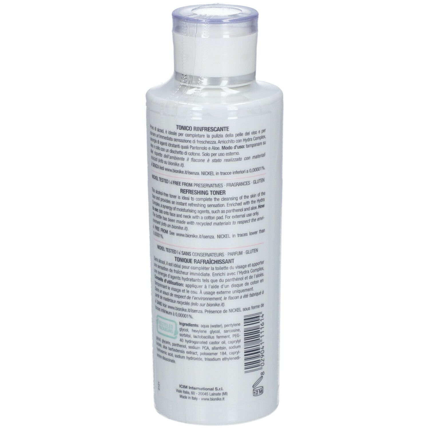 Witte fles, achterkant met tekst. "BioNike DEFENCE". Getest op nikkel. Voor gevoelige huid. Ingrediënten.