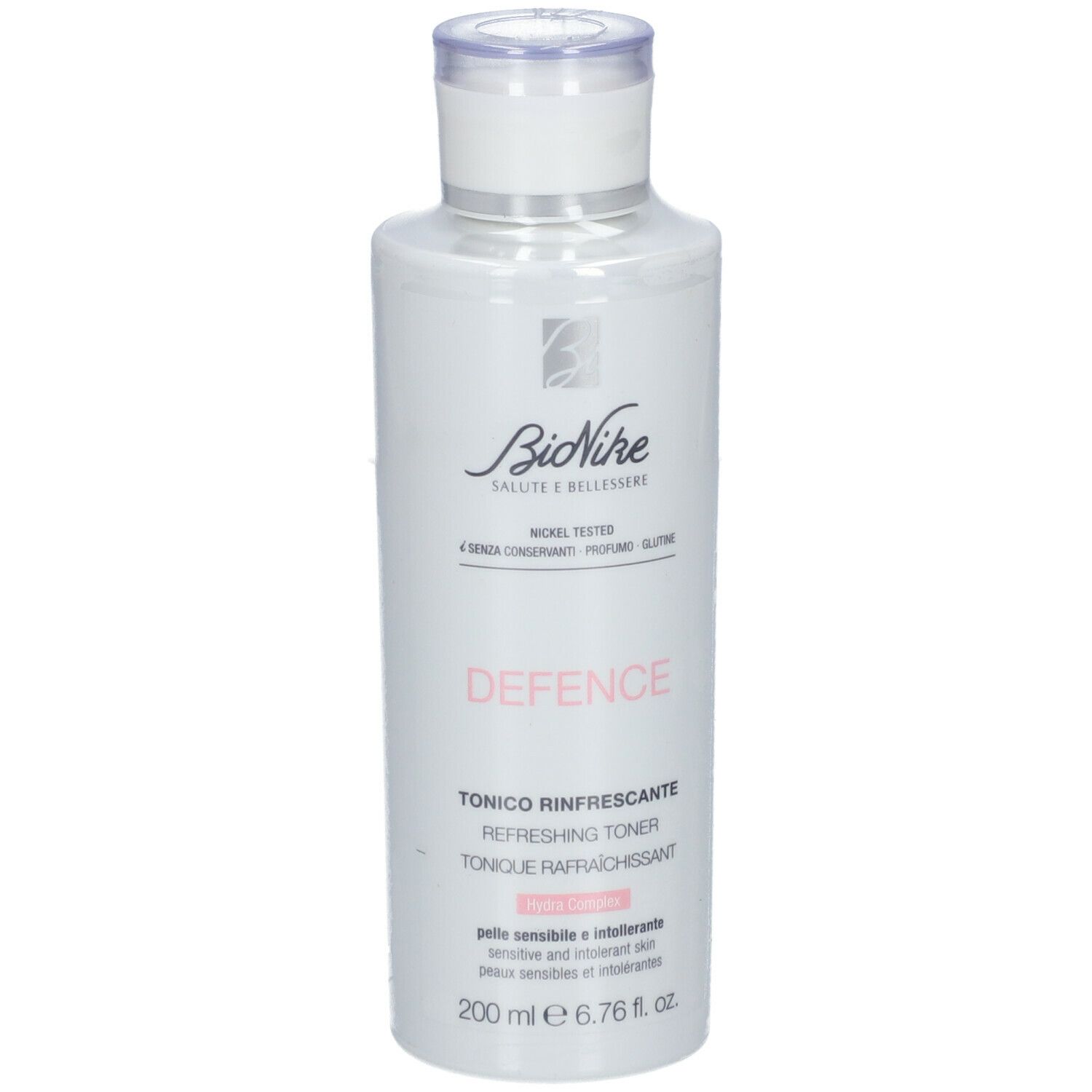 Witte fles "BioNike DEFENCE". "Tónico Rinfrescante". Getest op nikkel. Voor gevoelige huid. 200 ml.