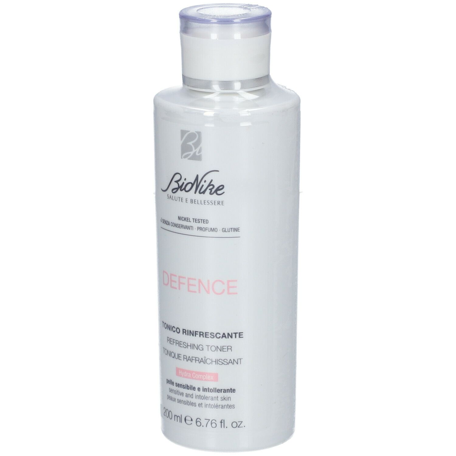 Witte fles "BioNike DEFENCE". "Tónico Rinfrescante". Getest op nikkel. Voor gevoelige huid. 200 ml.