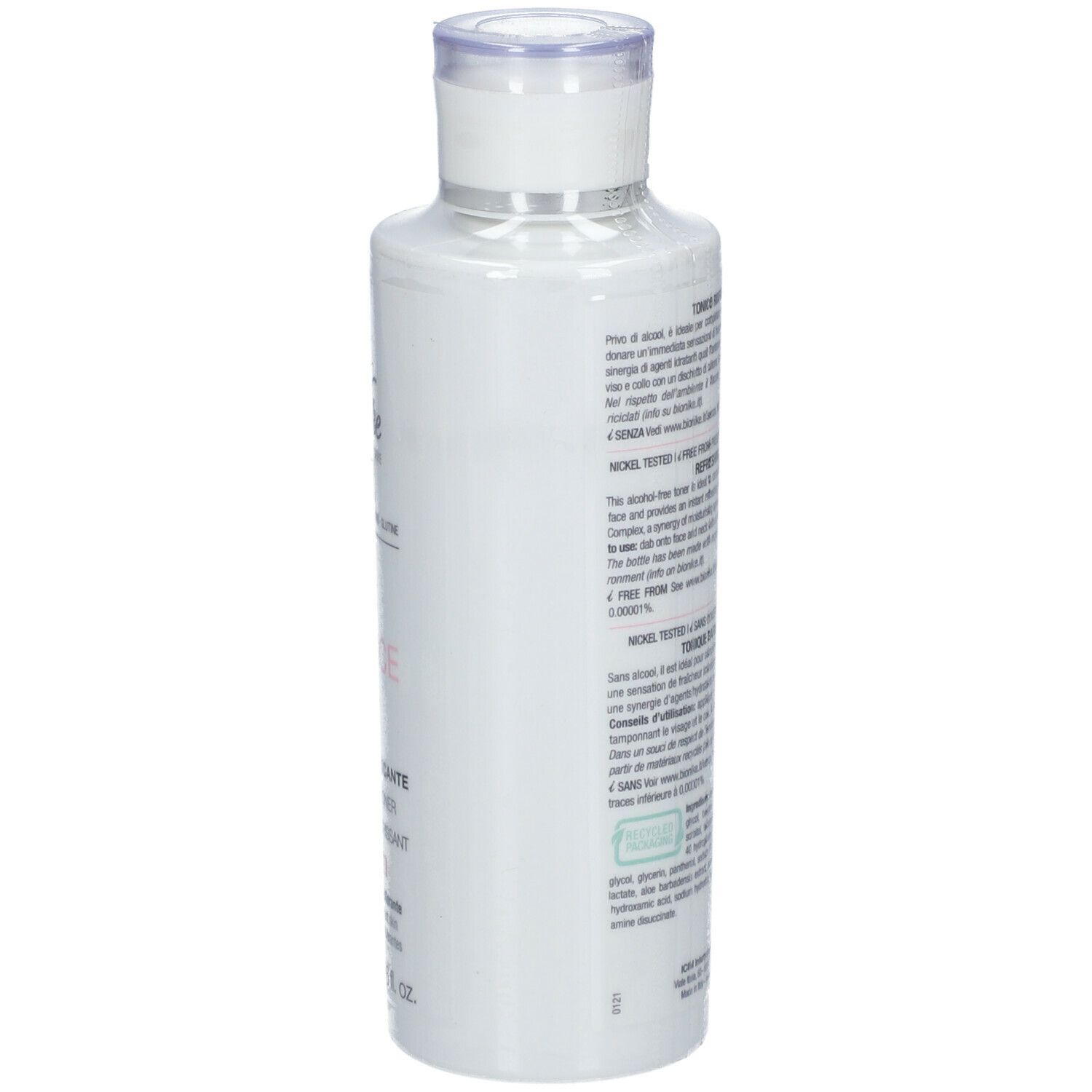 Witte fles, achterkant met tekst. "BioNike DEFENCE". Getest op nikkel. Voor gevoelige huid. Ingrediënten.