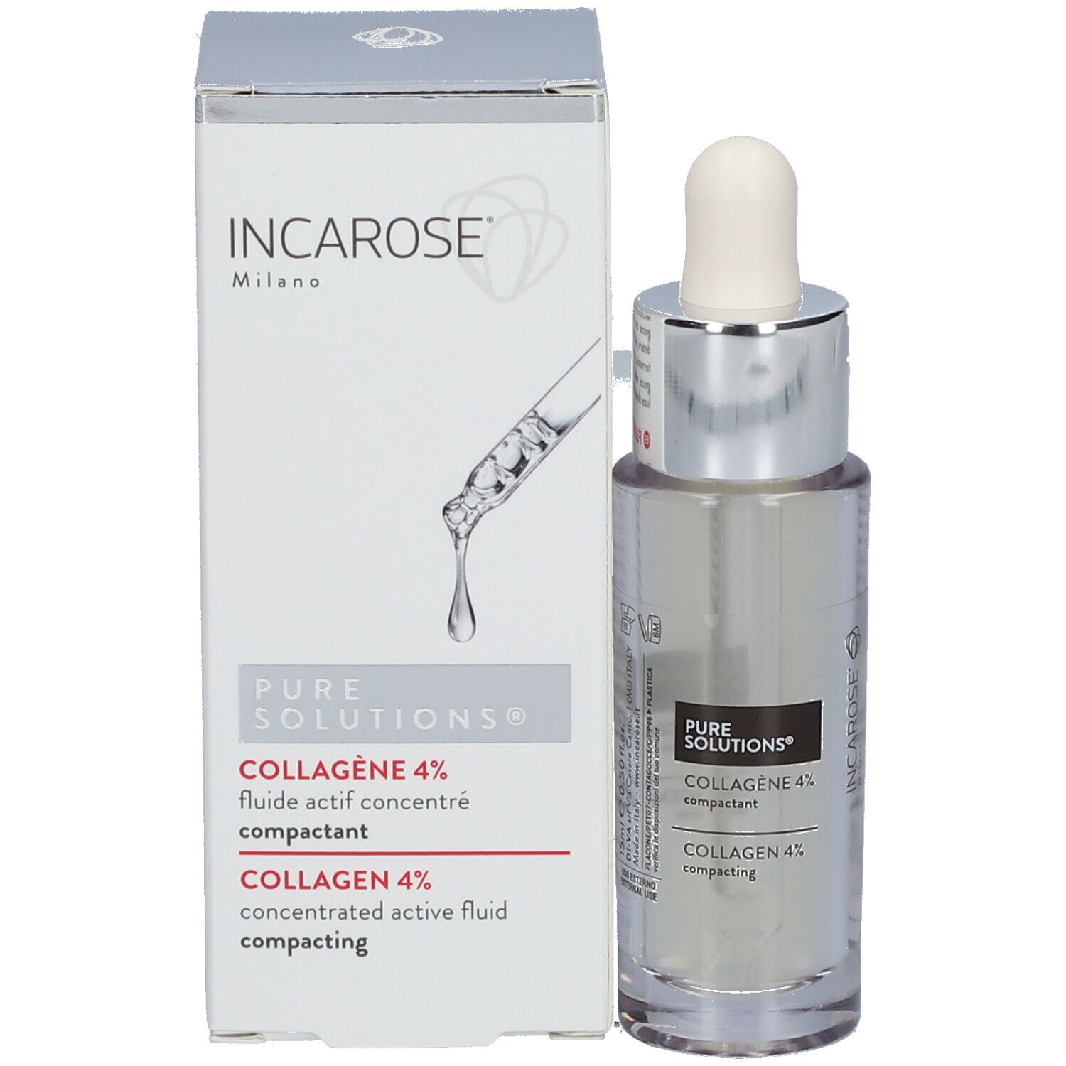 Confezione del prodotto con flacone e pipetta. Scritta: INCAROSE, Collagene 4%, fluido concentrato.
