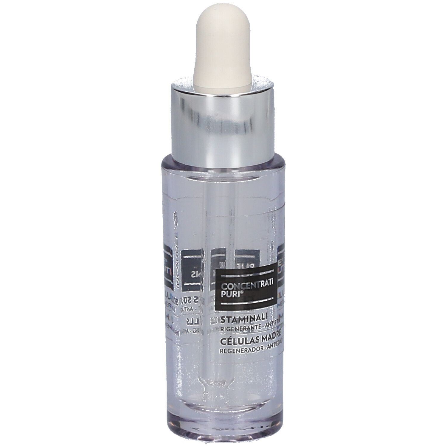 Klare Glasflasche mit silberner Kappe und Pipette. Aufschrift: Concentrati Puri, Staminali.