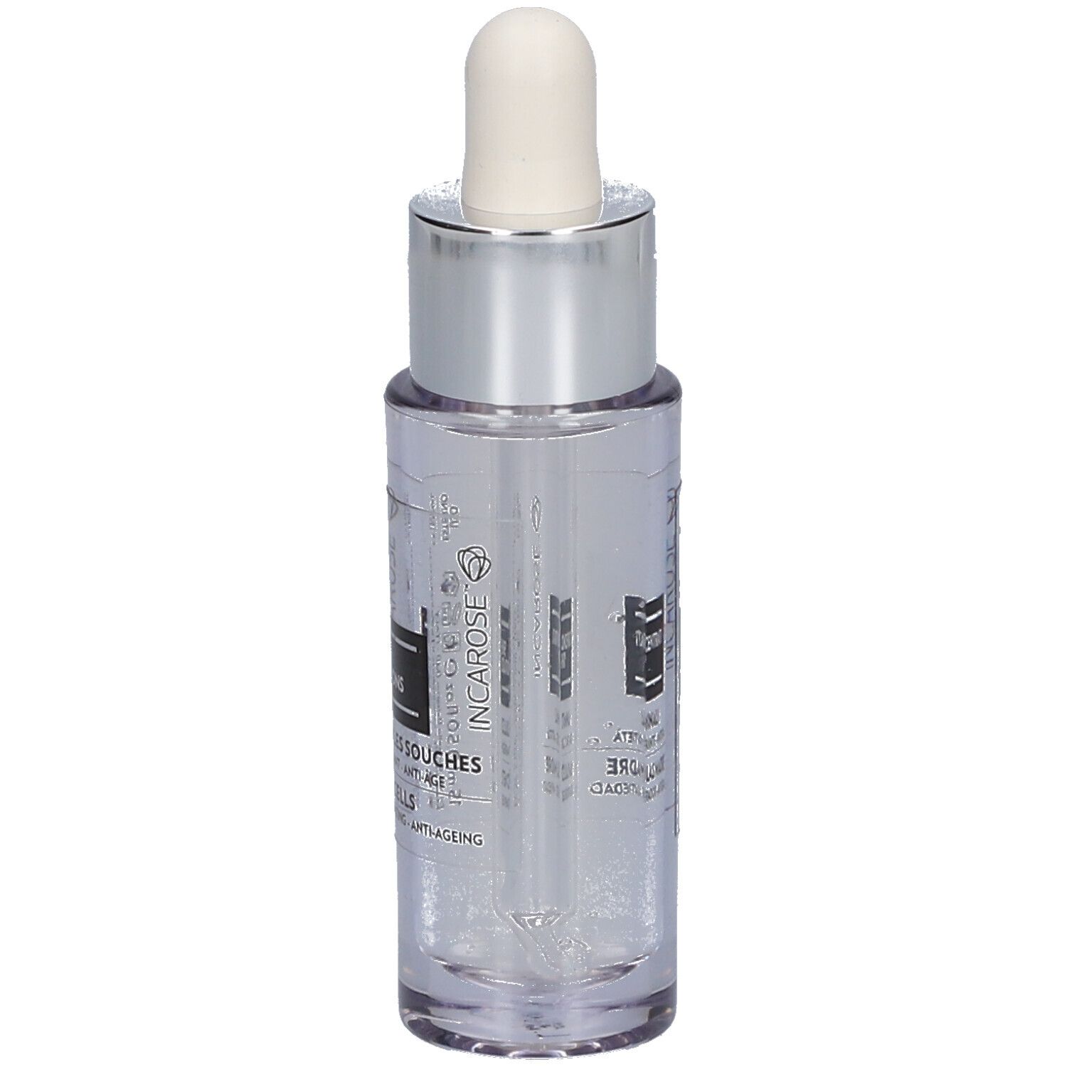 Klare Glasflasche mit silberner Kappe und Pipette. Aufschrift: INCAROSE, Cellules Souches.