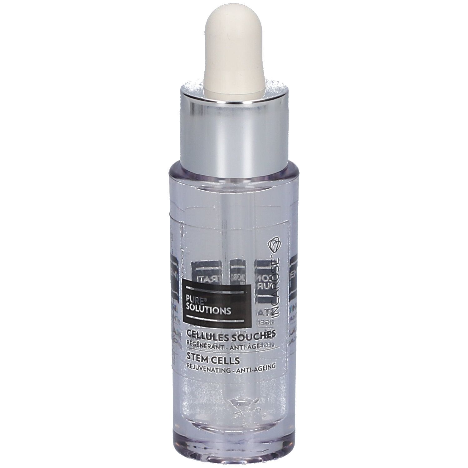 Klare Glasflasche mit silberner Kappe und Pipette. Aufschrift: PURE SOLUTIONS, Cellules Souches.
