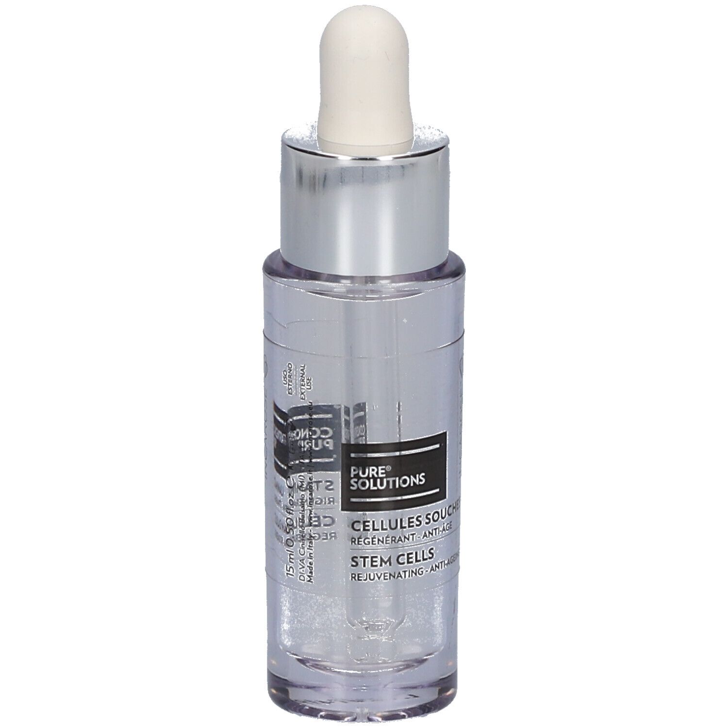 Klare Glasflasche mit silberner Kappe und Pipette. Aufschrift: PURE SOLUTIONS, Cellules Souches.