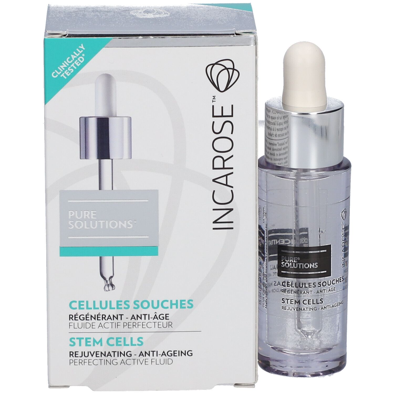 Produktflasche mit Verpackung. Flasche mit Pipette. Verpackung mit Logo INCAROSE und Aufschrift: STEM CELLS.