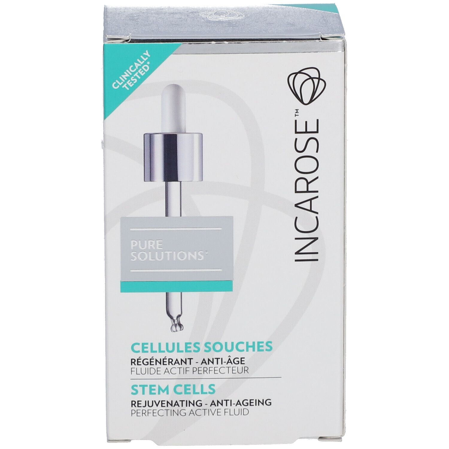 Produktverpackung. Weißer Karton mit Logo INCAROSE und Aufschrift: STEM CELLS, Cellules Souches.