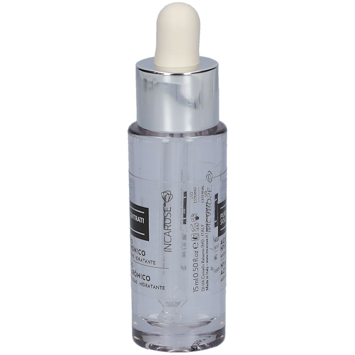 Transparante glazen flacon met zilveren dop en pipet. Opschrift: INCAROSE, Hyaluronzuur, 15 ml.