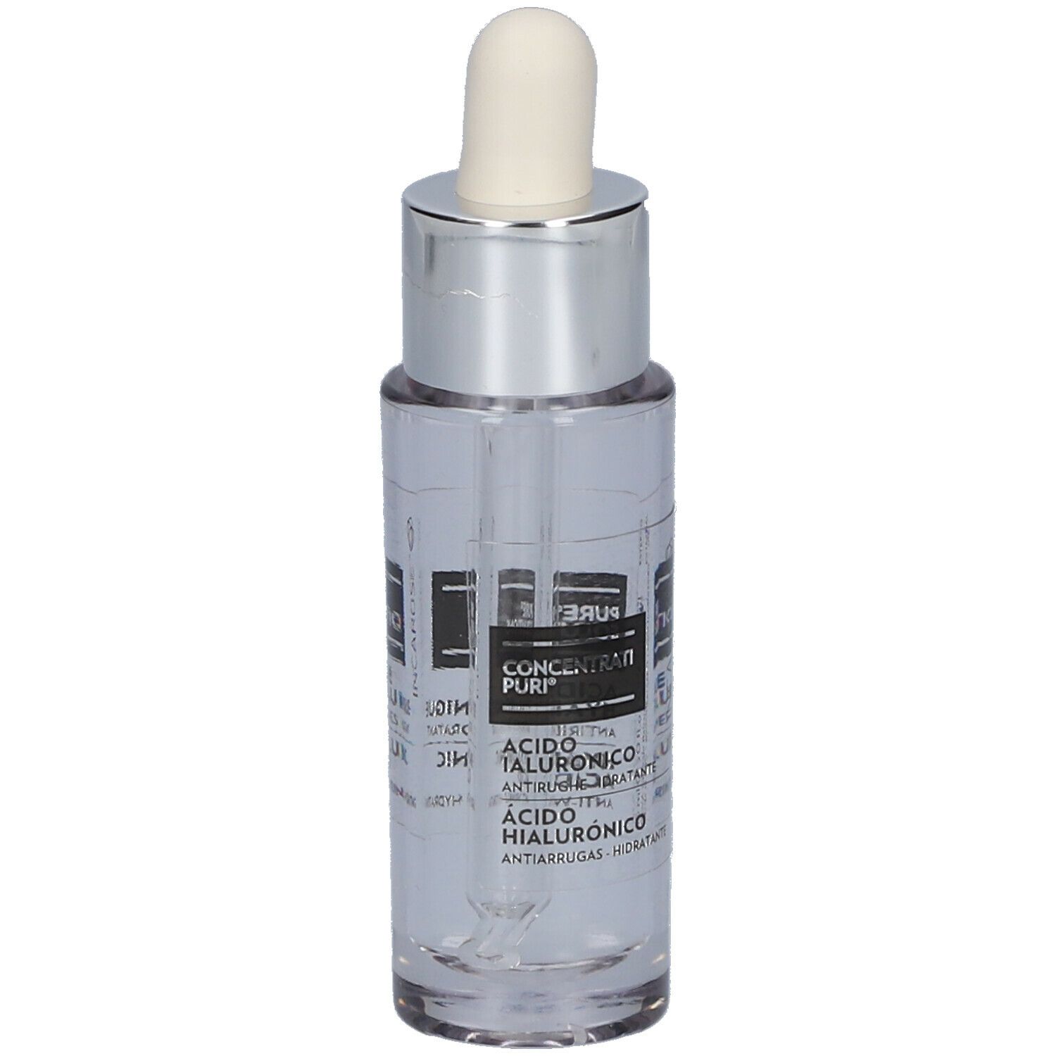 Transparante glazen flacon met zilveren dop en pipet. Opschrift: Hyaluronzuur, anti-rimpel, hydraterend.