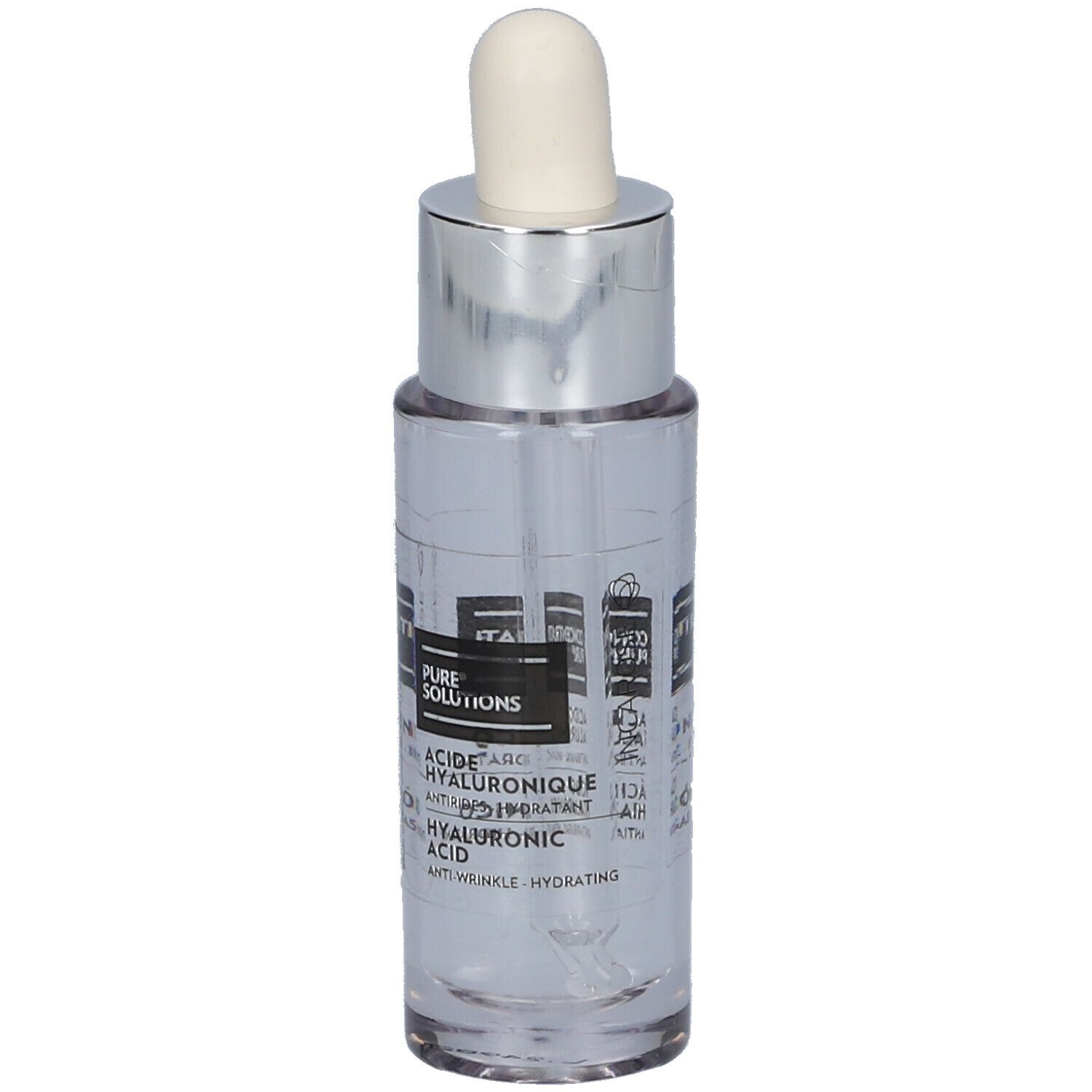 Transparante glazen flacon met zilveren dop en pipet. Opschrift: Hyaluronzuur, anti-rimpel, hydraterend.