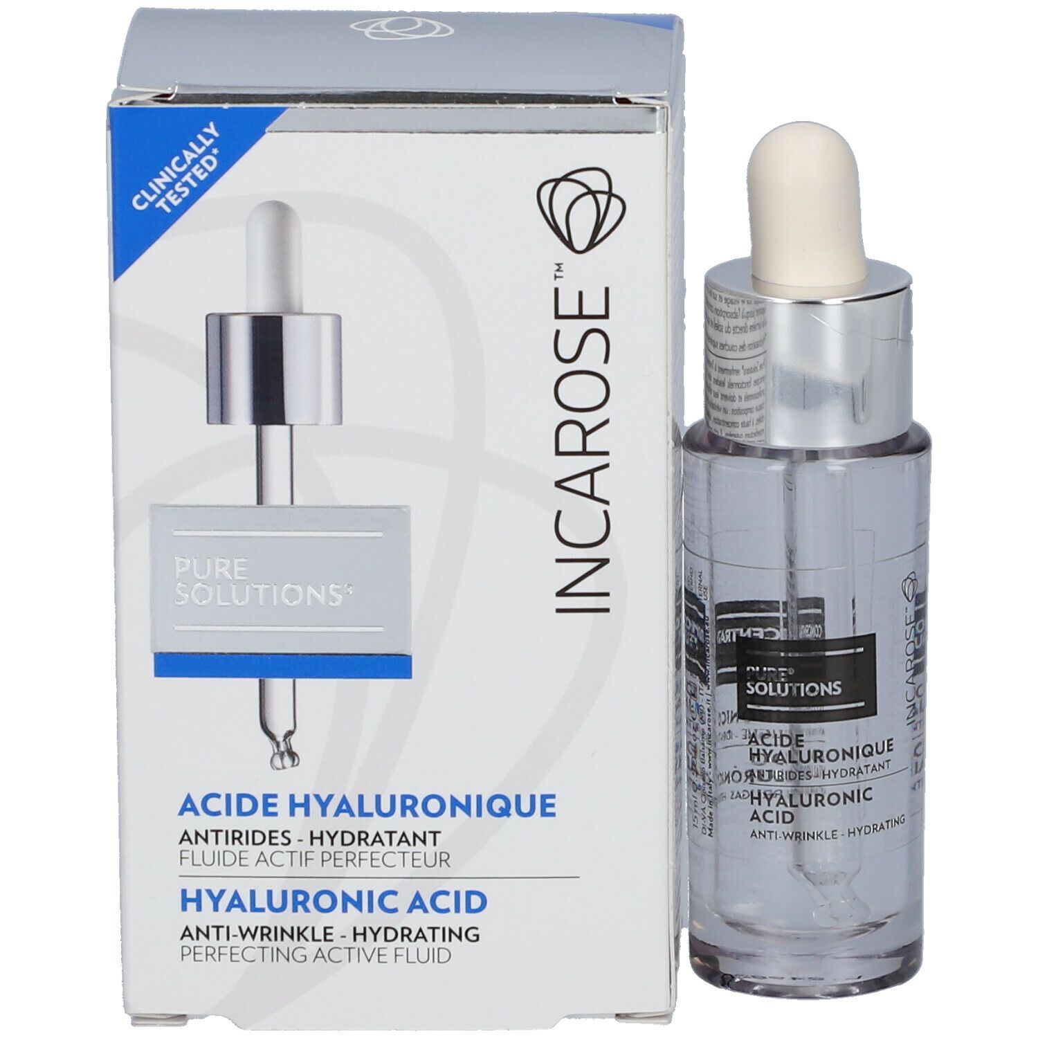 Productfles met verpakking. Verpakking: wit, blauw, INCAROSE, Hyaluronzuur. Fles: transparant, zilver, pipet.