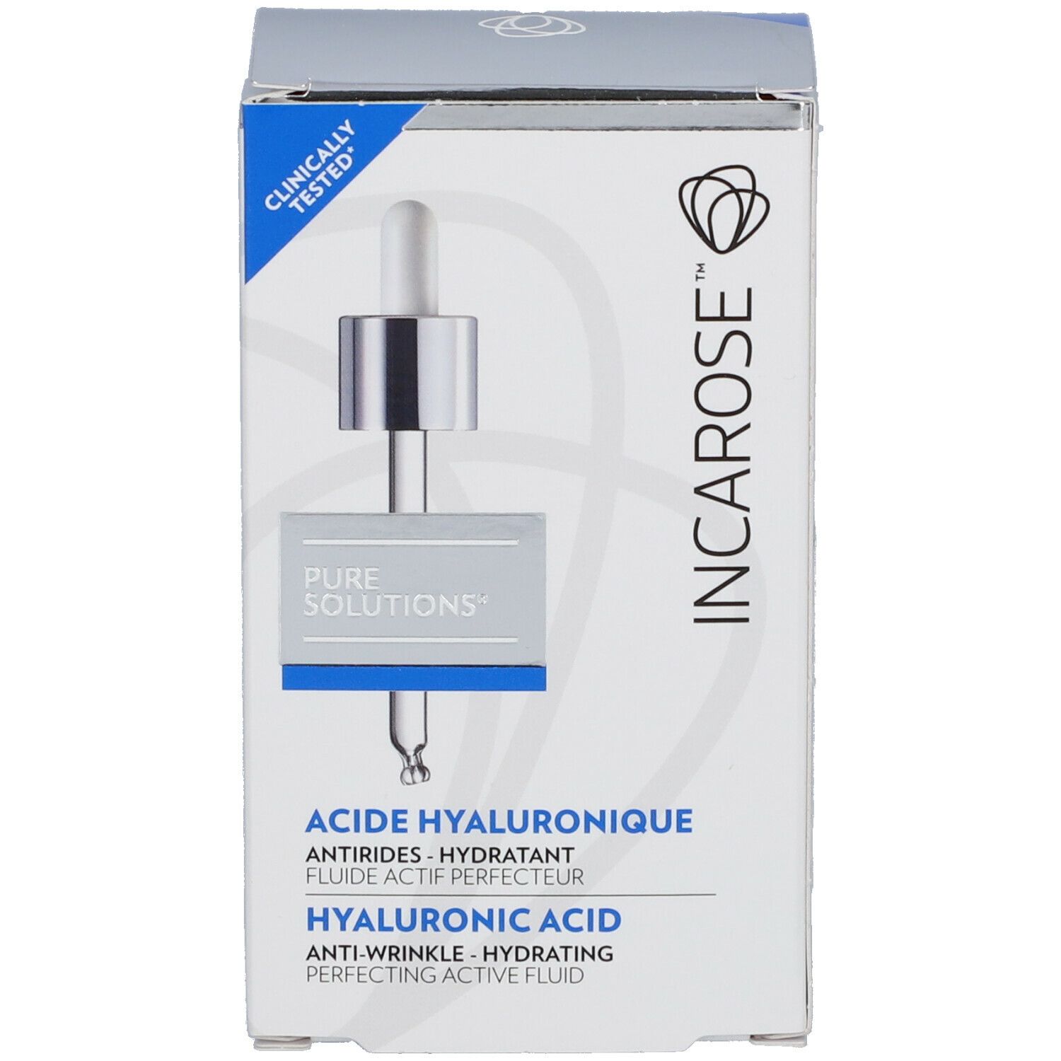 Witte verpakking met blauwe accenten. Opschrift: INCAROSE, Hyaluronzuur, anti-rimpel, hydraterend.