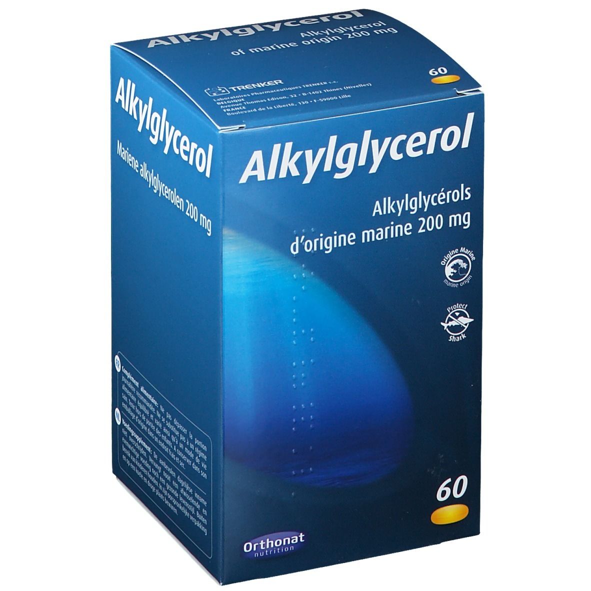 Boîte bleue et blanche "Alkylglycerol". Contient 60 gélules. Logo "Orthonat" en bas.
