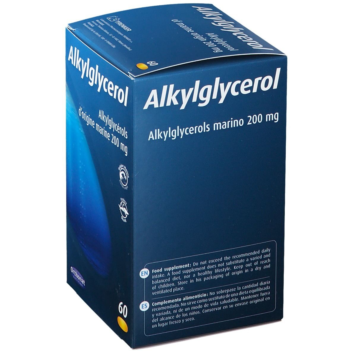 Boîte bleue avec "Alkylglycerol". Contient 60 gélules. Texte en anglais et espagnol.